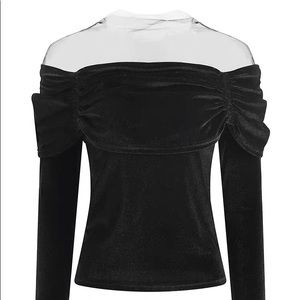 Korean off the shoulder mesh ruffle velvet top